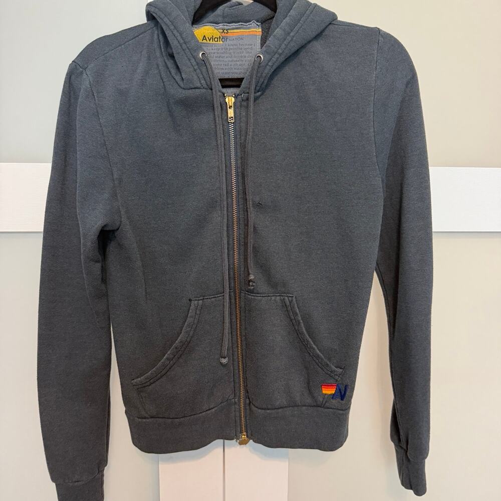 Aviator Nation Bolt Hoodie Womens Gray Full Zip Gold Lightning Rainbow Logo